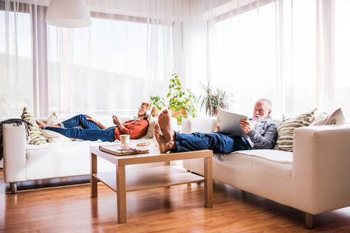 Glückliches Seniorenpaar mit Tablet und Smartphone, das sich zu Hause entspannt. - HPIF25578