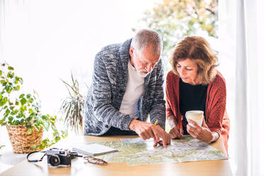 Glückliches älteres Ehepaar mit Karte zu Hause, das Pläne schmiedet. - HPIF25587