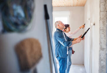 Happy senior couple painting walls in new home, relocation concept. - HPIF25609