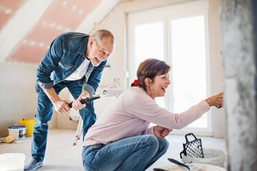 Glückliches älteres Ehepaar streicht Wände im neuen Haus, Umzugskonzept. - HPIF25616