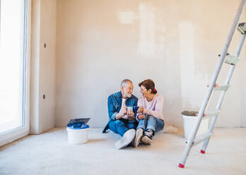 Porträt eines fröhlichen älteren Paares mit Kaffee oder Tee, das die Wände in seinem neuen Haus bemalt und sich ausruht. - HPIF25624