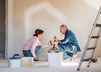 Glückliches älteres Ehepaar streicht Wände im neuen Haus, Umzugskonzept. - HPIF25628
