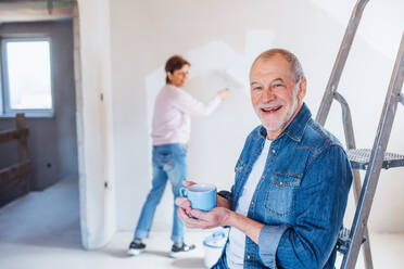 Happy senior couple painting walls in new home, relocation concept. - HPIF25633