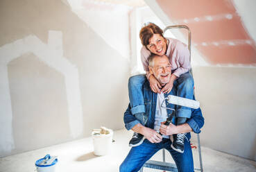 Portrait of cheerful senior couple painting walls in new home, having fun. Relocation concept. - HPIF25635