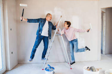 Portrait of cheerful senior couple painting walls in new home, having fun. Relocation concept. - HPIF25638