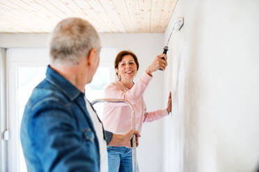 Glückliches älteres Ehepaar streicht Wände im neuen Haus, Umzugskonzept. - HPIF25641
