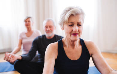 Eine Gruppe aktiver älterer Menschen macht Yoga-Übungen in einem Club im Gemeindezentrum. - HPIF25739