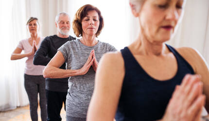 Eine Gruppe aktiver älterer Menschen macht Yoga-Übungen in einem Club im Gemeindezentrum. - HPIF25750