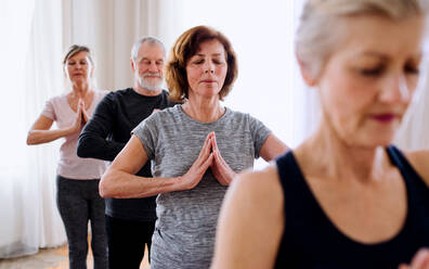 Eine Gruppe aktiver älterer Menschen macht Yoga-Übungen in einem Club im Gemeindezentrum. - HPIF25751