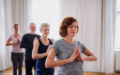 Eine Gruppe aktiver älterer Menschen macht Yoga-Übungen in einem Club im Gemeindezentrum. - HPIF25753