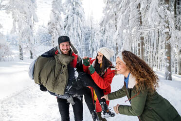 Eine Gruppe junger, fröhlicher Freunde auf einem Spaziergang im Schnee im Winterwald, die Spaß haben. - HPIF25806