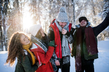Eine Gruppe junger, fröhlicher Freunde auf einem Spaziergang im Schnee im Winterwald, die Spaß haben. - HPIF25834