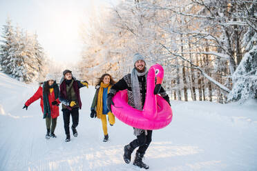 Eine Gruppe junger, fröhlicher Freunde auf einem Spaziergang im Schnee im Winterwald, die Spaß haben. - HPIF25837