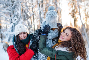 Eine Gruppe fröhlicher junger Freunde, die draußen im Schnee im Winterwald stehen und Spaß haben. - HPIF25932