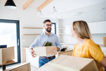 Ein junges glückliches Paar, das ein neues Haus einrichtet, ein Konzept für den Einzug in ein neues Zuhause. - HPIF25957