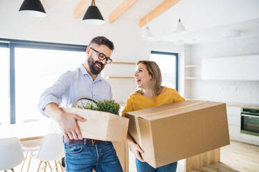 Ein junges glückliches Paar, das ein neues Haus einrichtet, ein Konzept für den Einzug in ein neues Zuhause. - HPIF25961