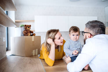 A portrait of happy young family with a toddler girl moving in new home. - HPIF26073