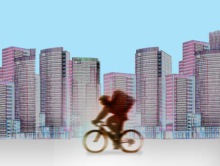 Illustration eines Radfahrers, der an den Wolkenkratzern der Innenstadt vorbeifährt - GWAF00183