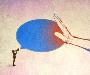 Illustration of hand stopping speech bubble of female speaker - GWAF00184