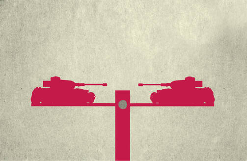 Illustration of two tanks facing each other on seesaw - GWAF00192