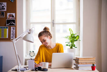 Eine junge, glückliche College-Studentin sitzt zu Hause am Tisch und lernt. - HPIF26227