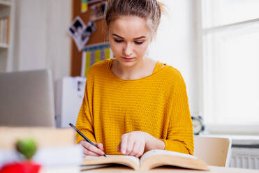 A young happy college female student sitting at the table at home, studying. - HPIF26232