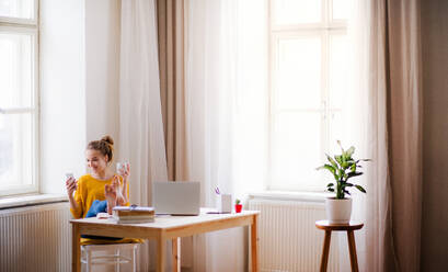 Eine junge, glückliche Studentin sitzt zu Hause am Tisch und benutzt ihr Smartphone beim Lernen. - HPIF26246