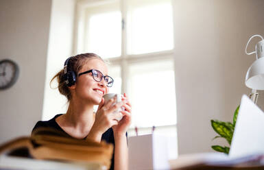 Eine junge, glückliche Studentin sitzt zu Hause am Tisch und benutzt beim Lernen Kopfhörer. - HPIF26267