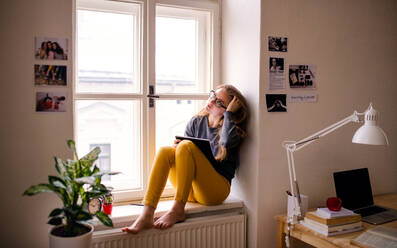 Eine junge, glückliche Studentin mit einem Schulheft, die zu Hause auf der Fensterbank sitzt und lernt. - HPIF26284