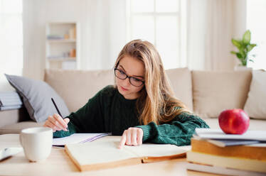 Eine junge, unglückliche und traurige Studentin sitzt zu Hause am Tisch und lernt. - HPIF26288