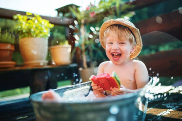 Happy small boy with a hat in bath tub outdoors in garden in summer, eating watermelon. - HPIF26361