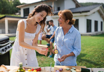 Porträt einer Mehrgenerationen-Familie, die im Garten grillt und sich unterhält. - HPIF26414