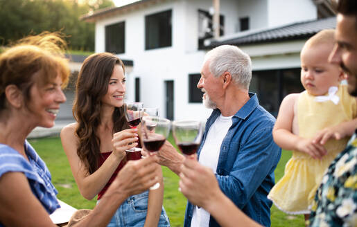 Porträt von Menschen mit Wein im Freien auf Familie Garten Grill, trinken Wein. - HPIF26450