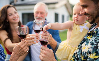 Porträt von Menschen mit Wein im Freien auf Familie Garten Grill, trinken Wein. - HPIF26452