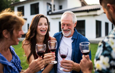 Portrait of people with wine outdoors on family garden barbecue, clinking glasses. - HPIF26453