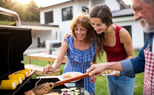 Porträt einer Mehrgenerationen-Familie, die im Garten grillt und sich unterhält. - HPIF26464