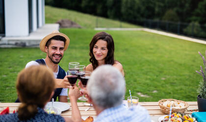 Porträt von Menschen mit Wein im Freien auf Familie Garten Grill, klirren Gläser. - HPIF26480