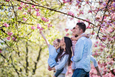 Seitenansicht von jungen Eltern mit kleinen Töchtern, die draußen in der Natur im Frühling stehen. - HPIF26504