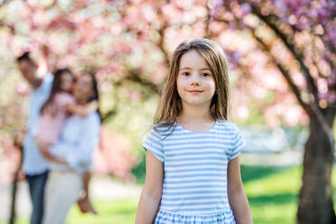 Vorderansicht eines kleinen Mädchens mit Familie in der Natur im Frühling, das in die Kamera schaut. - HPIF26505