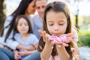 Eine Vorderansicht des kleinen Mädchens mit Familie draußen in der Natur im Frühling. - HPIF26515