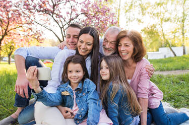 Eine Mehrgenerationenfamilie hält einen Moment in der freien Natur mit einem Selfie mit ihrem Smartphone fest - HPIF26555