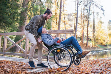 Senior father with wheelchair and his son on walk in nature, having fun. - HPIF26705