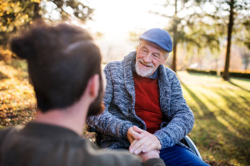 A senior father with wheelchair and his son on walk in nature, talking. - HPIF26718