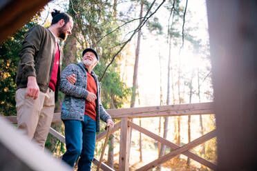 A senior father with walking stick and his son on walk in nature, talking. - HPIF26750