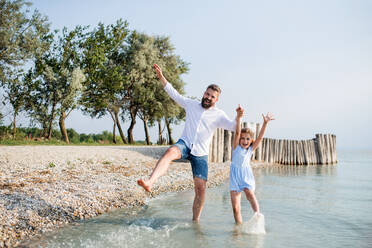 A mature father and small daughter on a holiday playing by the lake or sea, walking barefoot. - HPIF27039