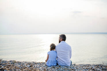 Rear view of father and small daughter on a holiday sitting by the lake or sea. - HPIF27048