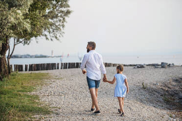 Rear view of mature father walking with small daughter on a holiday by the lake, holding hands. - HPIF27050