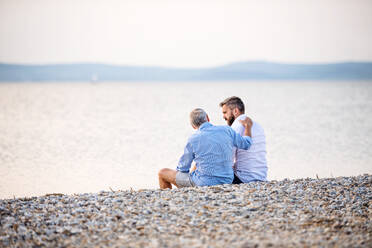 Rückansicht eines älteren Vaters und eines reifen Sohnes, die am See sitzen und sich unterhalten; Raum kopieren. - HPIF27063