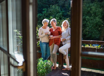 Eine Gruppe älterer Freundinnen steht auf einer Terrasse und ruht sich aus. - HPIF27168