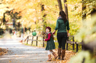 Rückansicht einer Mutter mit ihrer kleinen Tochter, die in der herbstlichen Natur im Wald spazieren geht und die Hände hält. - HPIF27412